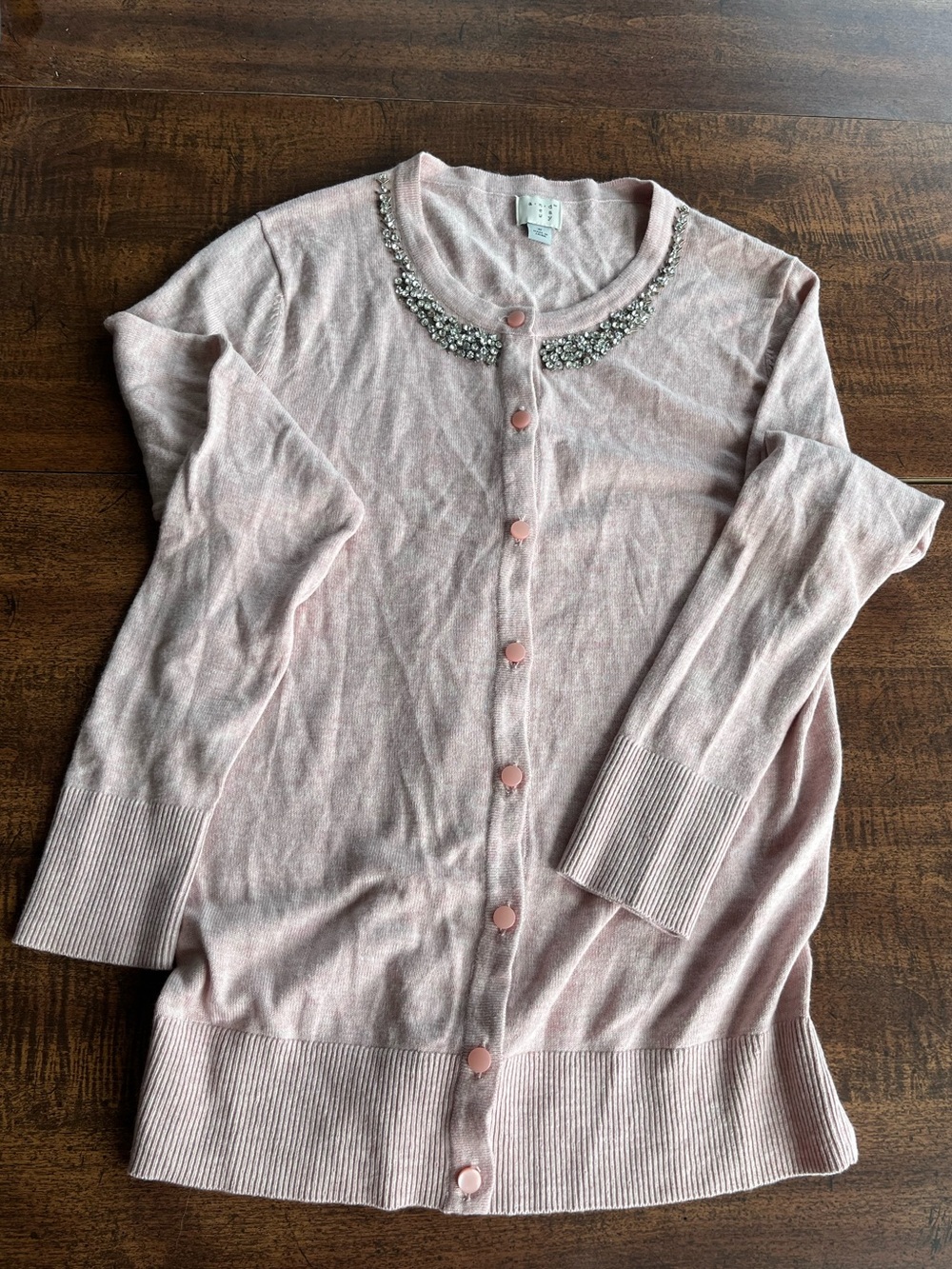 A New Day Women’s Dusty Pink Coquette Sweater Rhinestone Neck Button Front Sm